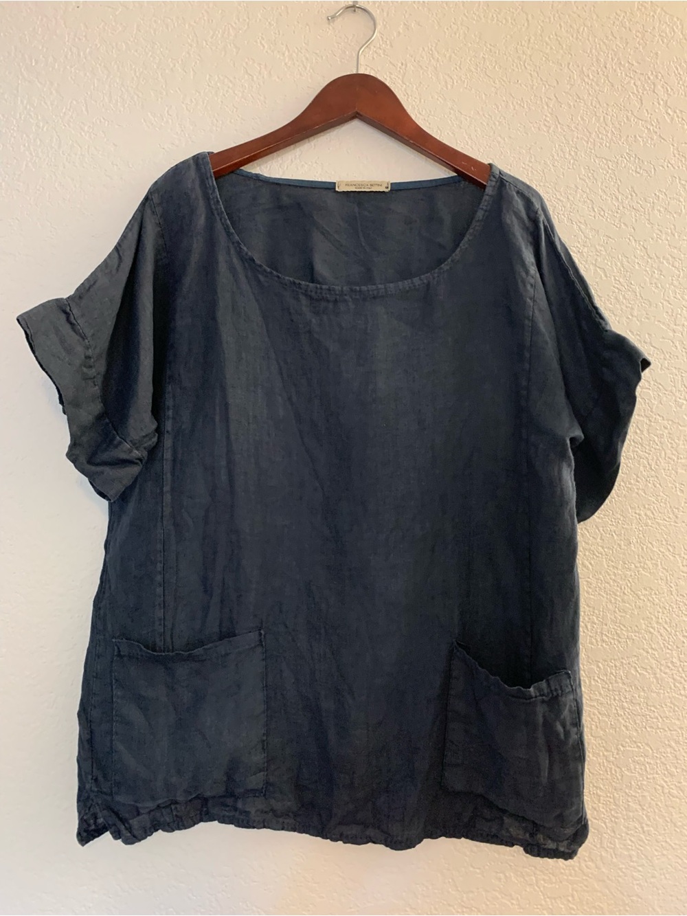 Francesca Bettini Made in Italy Casual Scoop-Neck Top in Navy 100% Linen | M